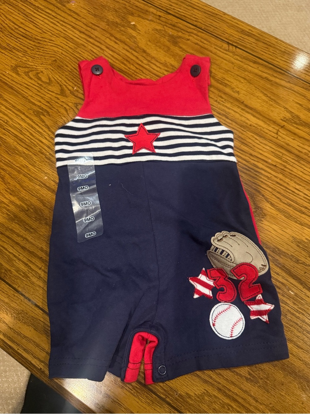 6 for $10 NWT Good Lad Navy & Red Baseball Applique Romper